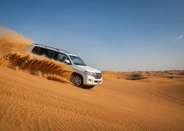 Private 4x4 kicking up sand while dune bashing in the Abu Dhabi desert